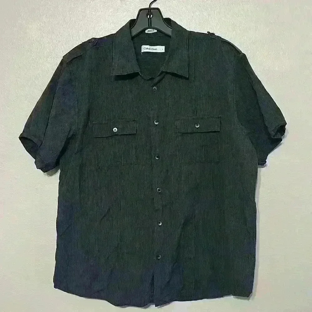Calvin Klein Button Down Short Sleeve Shirt Black Design Cotton